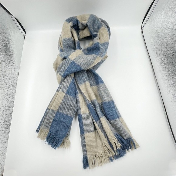 Unisex Fringe Scarf Blue Beige Viscose Plaid Long Rectangular 82 X 24.5 Inches - Picture 11 of 11